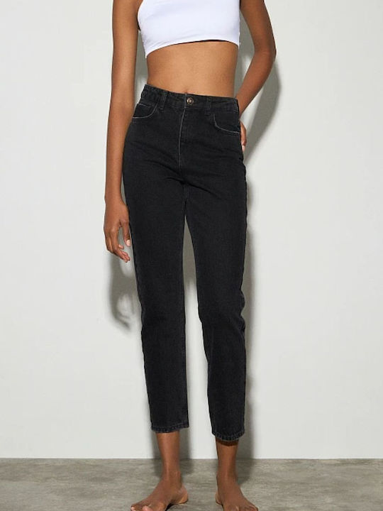 High Waist Women's Jean Trousers in Mom Fit Black Denim