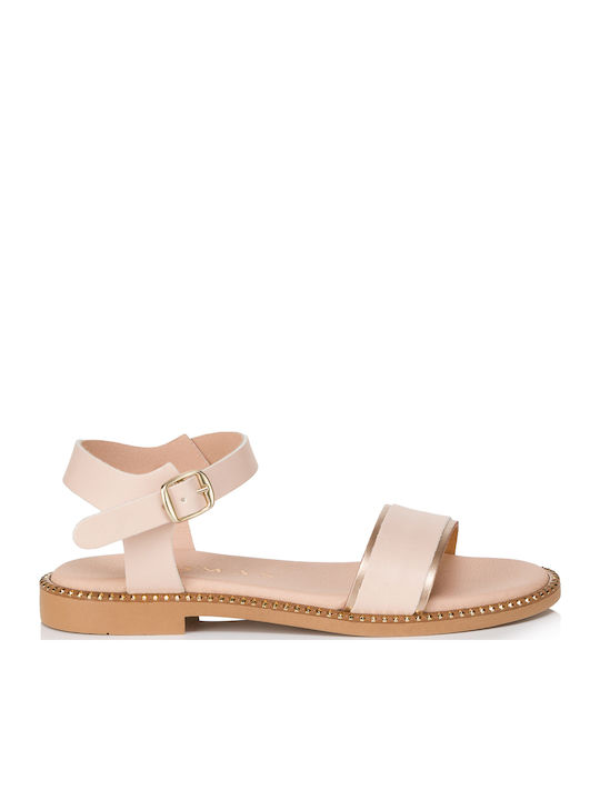 Leather Women's Flat Sandals with Strap Nude