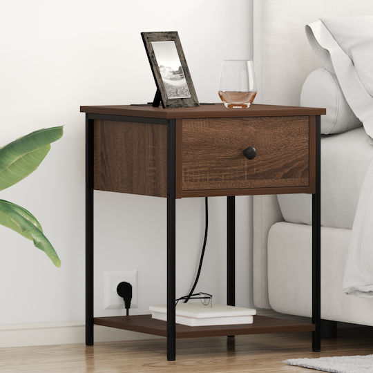 Metal Bedside Table with Glass Surface Brown Oak 42x41x56cm
