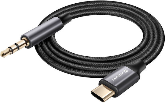 Swissten USB Typ-C Zu 3.5mm Jack Audio Auxiliary Kabel Geflochtenes Nylon 1,5m Schwarze