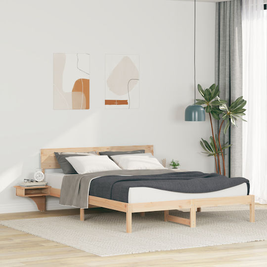 Double Bed Made of Solid Brown Wood with Slats for Mattress 160x200cm