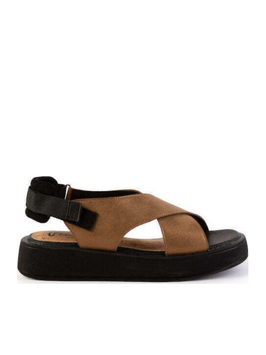 Δερμάτινα Γυναικεία Ανατομικά Σανδάλια Flatforms Καφέ