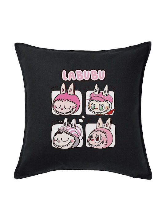 Labubu Pink Μαξιλάρι Καναπέ Μαύρο 100% Βαμβάκι Περιέχεται Γέμισμα 50x50cm