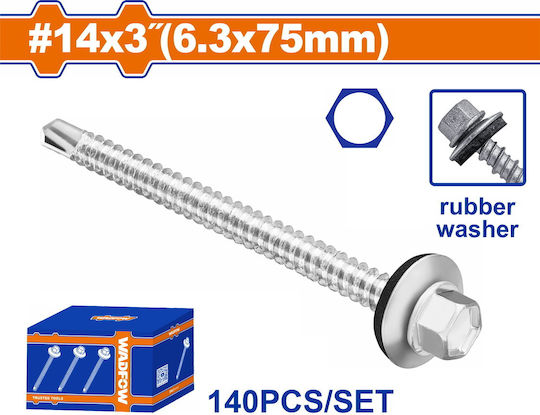 Wadfow Self-Piercing Sheet Metal Screw Hexagon Galvanized with Diameter M6.3 and Length 75mm 140pcs