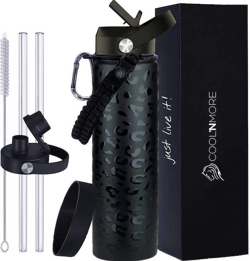 Cool'NMore Stainless Steel Thermos Bottle BPA Free 750ml Black with Mouthpiece Loop Straw and Handle