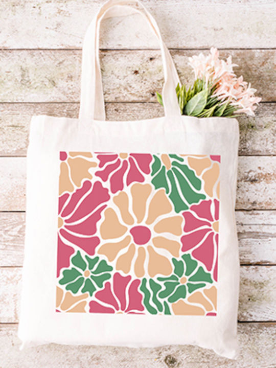 Geantă Din Pânză Tesătură Ecru Model Flowers 70s 02 Dimensiuni 38x40cm Cu Mânere 38x70cm
