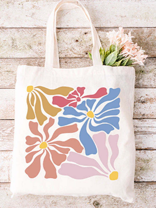 Shopping Bag Cotton Fabric Ecru Flowers 70s Design 24 Dimensions 38x40cm With Handles 38x70cm