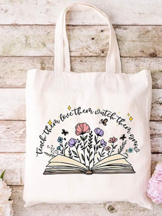 Ecru Fabric Canvas Shopping Bag Teacher 03 Dimensions 38x40cm With Handles 38x70cm