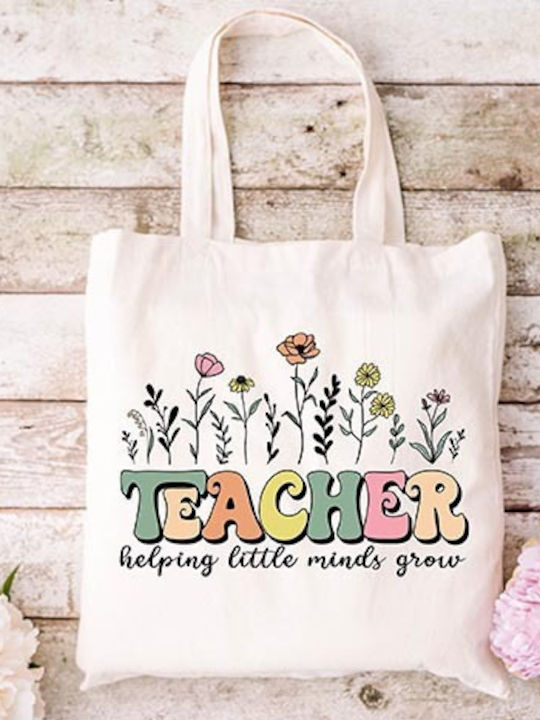 Shopping Bag Cotton Fabric Ecru Design Teacher 04 Dimensions 38x40cm With Handles 38x70cm