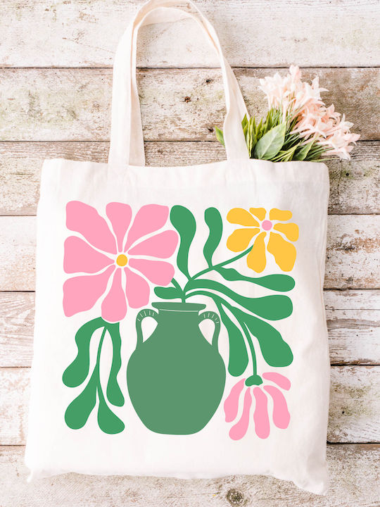 Shopping Bag Cotton Fabric Ecru Flowers 70s Design 17 Dimensions 38x40cm With Handles 38x70cm