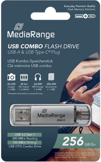 MediaRange 256GB USB 3.2 Stick με σύνδεση USB-A & USB-C Ασημί