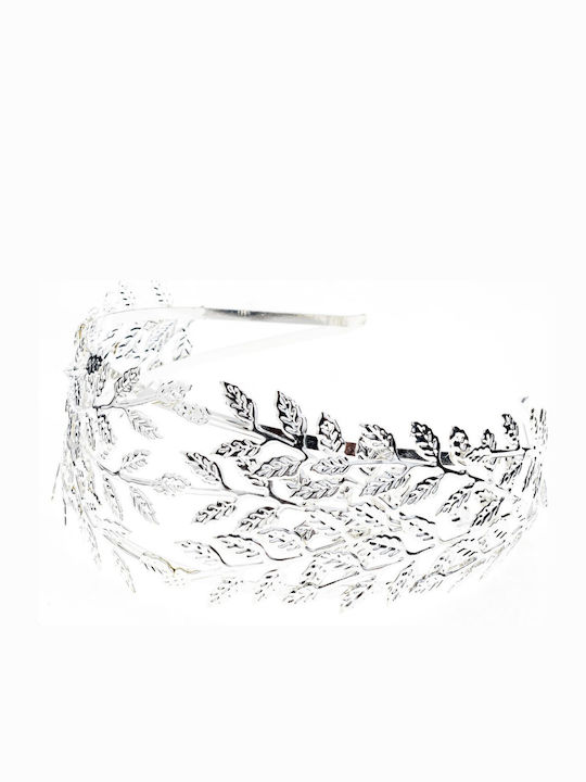 Metal Double Bridal Headband Decorated with Embossed Leaves Silver