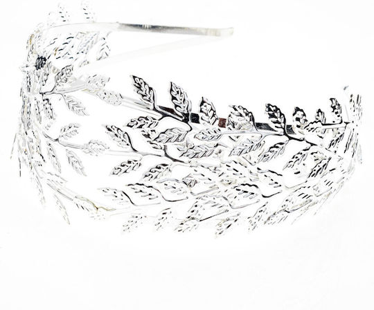 Metal Double Bridal Headband Decorated with Embossed Leaves Silver