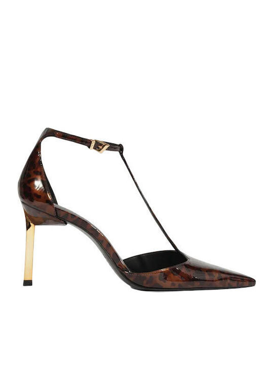 Δερμάτινες Γόβες με Λουράκι & Ψηλό Τακούνι Animal Print Καφέ