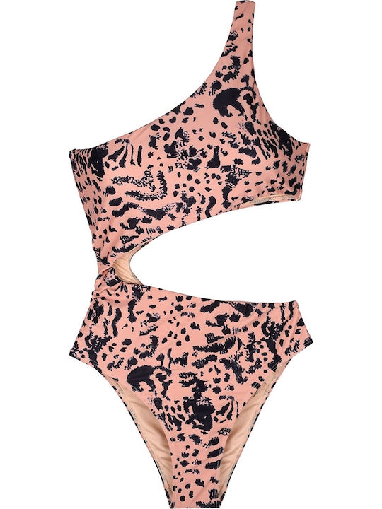 One-Piece Swimsuit with Cutouts Beige Animal Print
