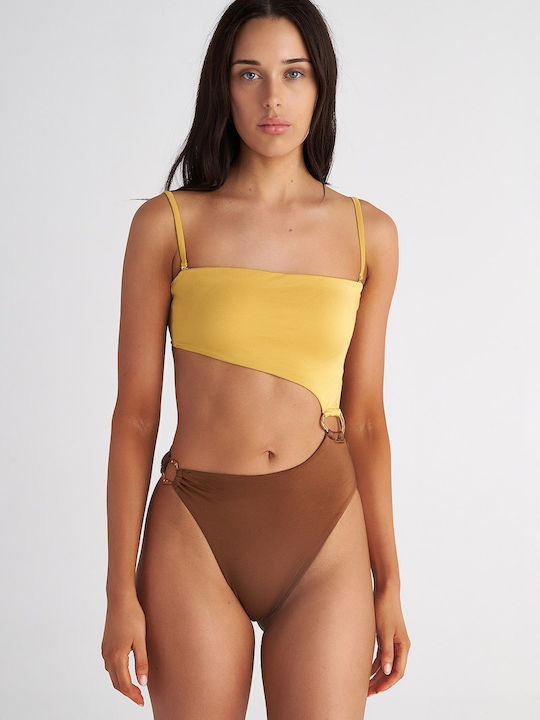 Strapless Ολόσωμο Μαγιό με Ανοίγματα Καφέ