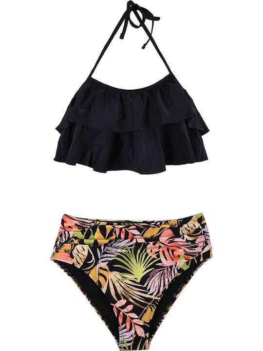 Set Bikini Ψηλόμεσο Floral Μαυρο