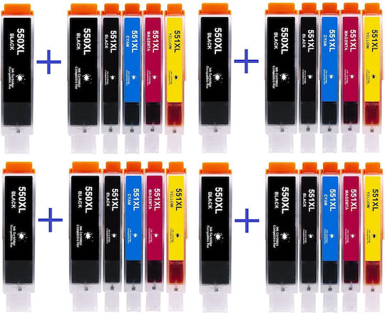 4 Full set+4 Μαύρα 24τεμ ΣΥΜΒΑΤΟ ΚΑΙΝΟΥΡΓΙΟ ΜΕΛΑΝΙ CANON PGI550XL PGI-550XL 25ml / CLI551XL 15ml (Όλα τα χρώματα) Canon IP7250, IP8750 Pixma, MG5450, MG5450S, MG5550, MG5650, MG5655, MG6350, MG6450, MG6650, MG7550, MX725, MX925, IX6850 Πακέτο Συμβατών Μελανιών Εκτυπωτή InkJet Canon 15ml Πολλαπλό (Color) / Μαύρο 24τμχ