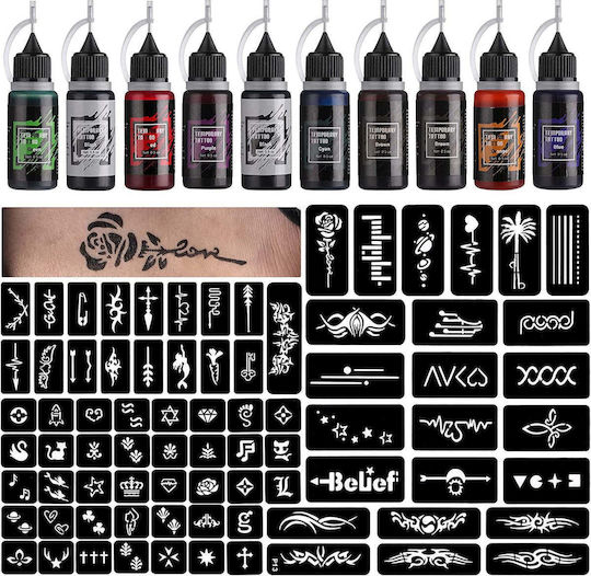Temporary Tattoo Kit 10 Different 15ml Ink Bottles 84 Different Waterproof Easy-to-use Stencils