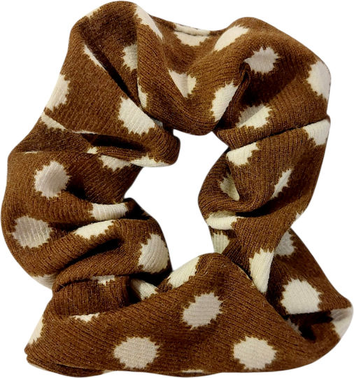 Χειροποίητο Λαστιχάκι Μαλλιών Scrunchies Καφέ Λευκό Πουά