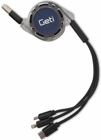 Geti Retractable USB to micro USB / Lightning / Type-C Cable 2A Μαύρο 1m (GCU 01)