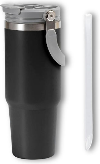 Uncle George Ποτήρι Θερμός Ανοξείδωτο / Αλουμίνιο BPA Free 900ml Επιστόμιο Καλαμάκι Μαύρο με Επιστόμιο και Καλαμάκι