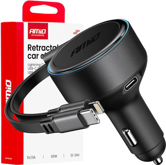 AMiO Car Charger 60W Fast Charging with one Port: 1xType-C with Cable Lightning / Type-C