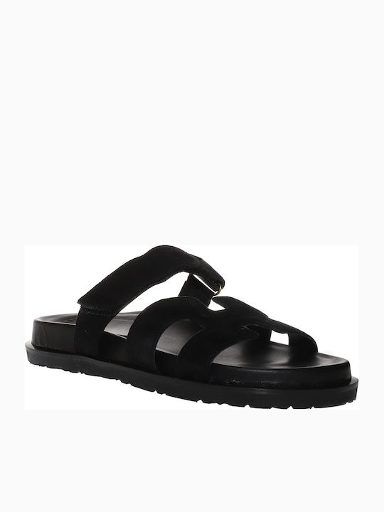 Leather Women's Flat Sandals Flatforms in Black Color