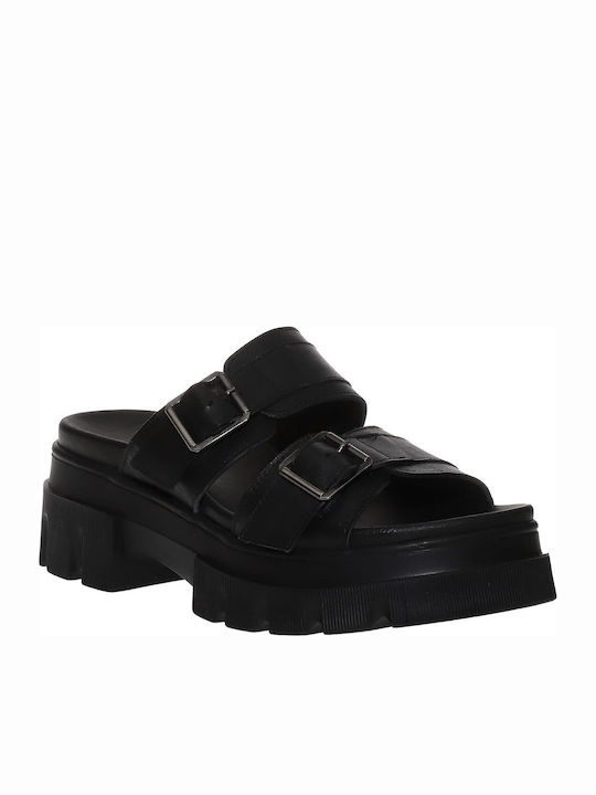 Δερμάτινα Γυναικεία Σανδάλια Flatforms Μαύρα