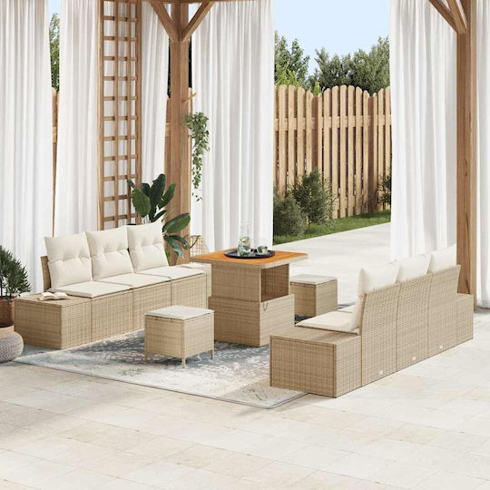 vidaXL Garden & Outdoor Furniture Set Living Room 9 Pieces Beige with Pillows