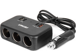 AMiO Φορτιστής Αυτοκινήτου με Θύρες 1xUSB-A 1xType-C 3xΑναπτήρα και Καλώδιο Ενσωματωμένο