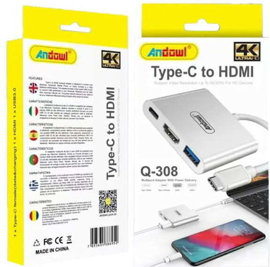 Andowl Type C Hdmi Αντάπτορας Πολλές Θύρες Q-308 Type C To Hdmi 075503-1