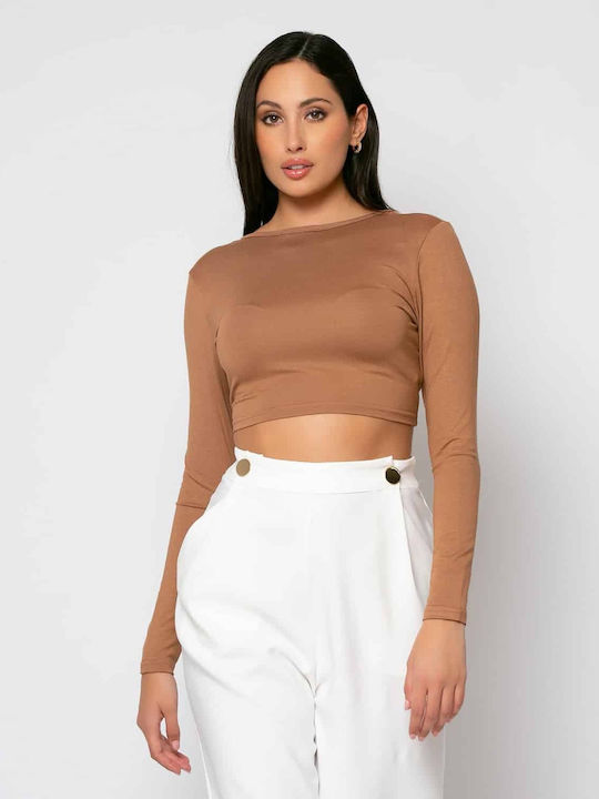 Damen Crop Top Langarm Camel