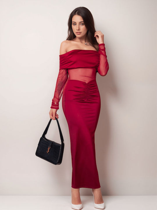 Summer Maxi Evening Dress with Mesh Burgundy