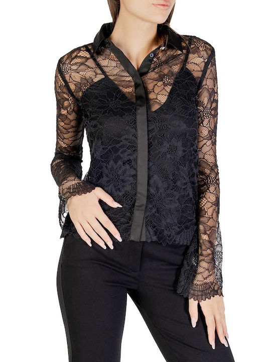 Guess Mânecă lungă Femei Satin Cămașă Negru