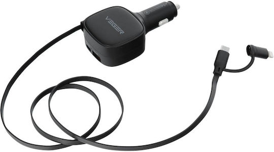 Veger Car Charger 84W Fast Charging with one Port: 1xType-C with Cable Lightning / Type-C Black Color