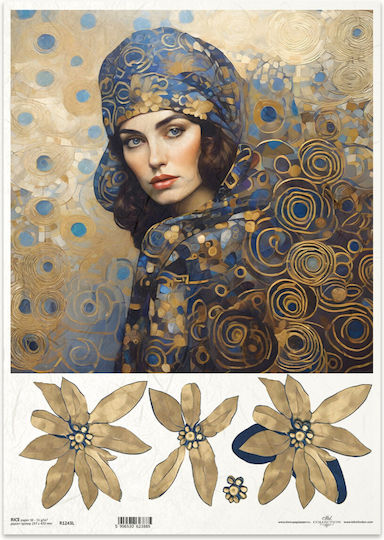 Decoupage Rice Paper A3 – Women's Portrait Blue Gold Patterns