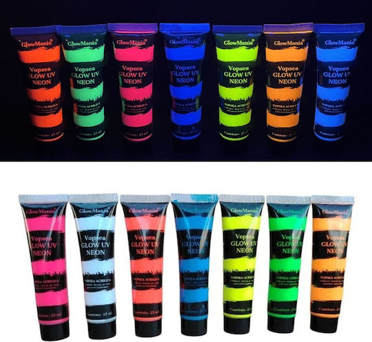 Set 7 UV Neon Glow Paint Colors 25 ml Color Body Face Water-Based