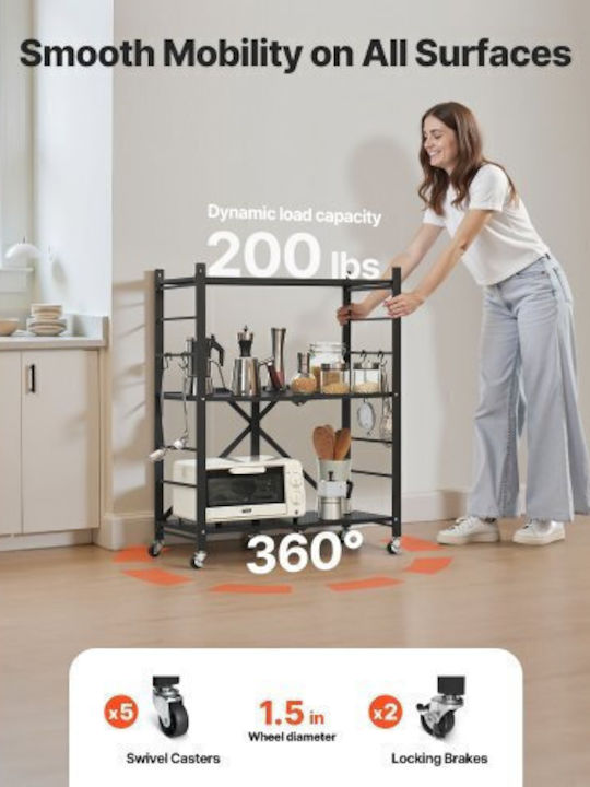 Vevor Metallic Kitchen Trolley 3 Tiers Black 76x33x91cm