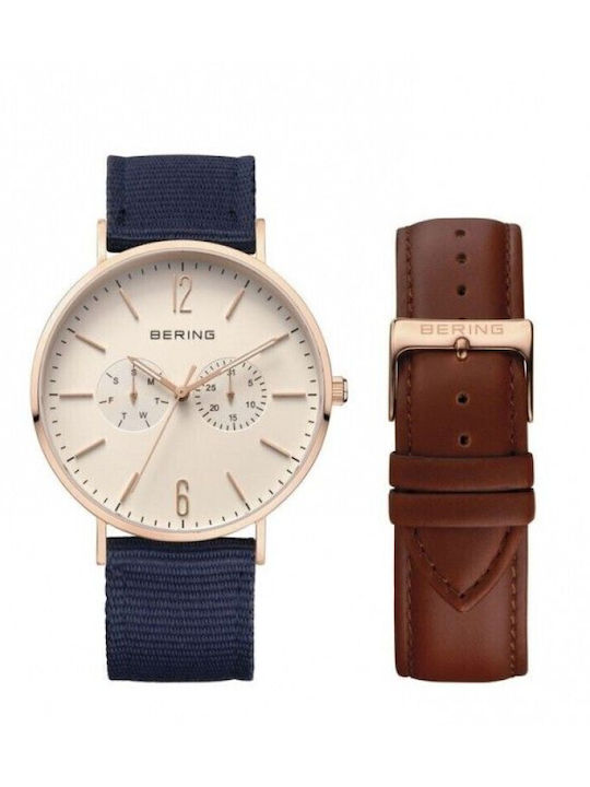 Bering Time Ceas Barbati 40mm cu Baterie cu Curea din Piele Albastră