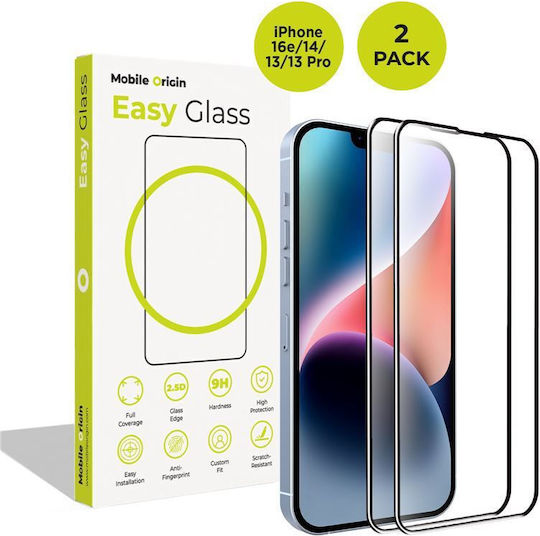 Set 2 Mobile Origin Easyglass Screen Protectors Compatible Iphone 16e 14 13 13 Pro Transparent