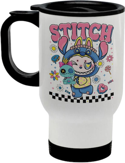 Koupakoupa Labubu Stitch Stainless Steel Thermos Bottle 450ml White with Handle and Straw