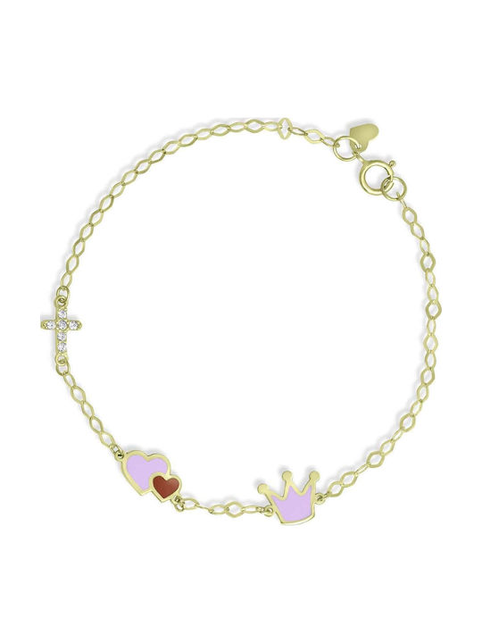 CHrysolithos Kids Bracelet from Gold 9K with Heart, Crown & Σταυρό