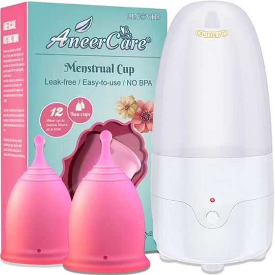 Set Sterilizator Cupe Menstruale + 2 Cupe Menstruale Reutilizabile 25ml 30ml Linovit Dispozitiv Curățare cu Aburi Compatibil cu Majoritatea Cupelor Menstruale 100% Silicon Medical