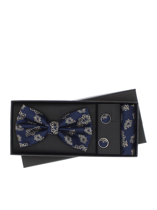 Set De 3 Piese Cravată Papillon Butoni De Manșetă Batistă Pentru Bărbați Buticcochet Albastru Marin Setp282