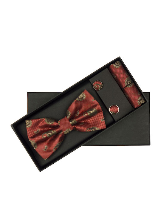 Set De 3 Piese Cravată Papillon Butoni De Manșetă Batistă Bărbați Burgundy Print Stilizat Setp221