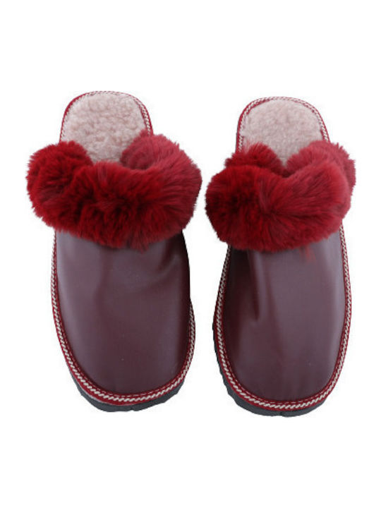 Kastorias Lederne Winter Damen Hausschuhe Burgundisch