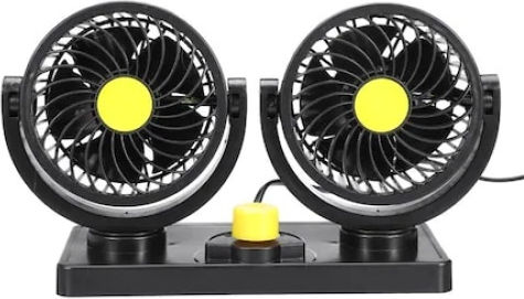 Double Car Fan 2 Speed Settings 10w Power 360° Rotation 2 M Cable Length Black