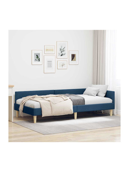 Pat Single Tapițat cu Material Albastru cu Plăci pentru Saltea 90x190cm