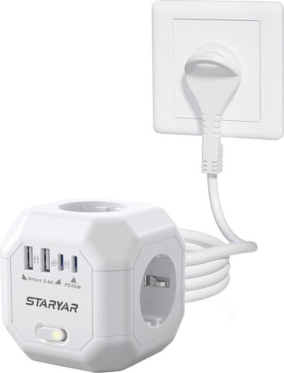 Extension Cord PowerCube 4 Позиции с USB-A, USB-C, Превключвател и Кабел 2м